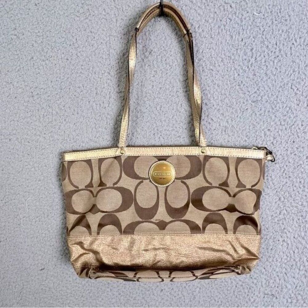 COACH F15112 SIGNATURE TOTE KHAKI MAHOGANY BROWN SHOULDER BAG